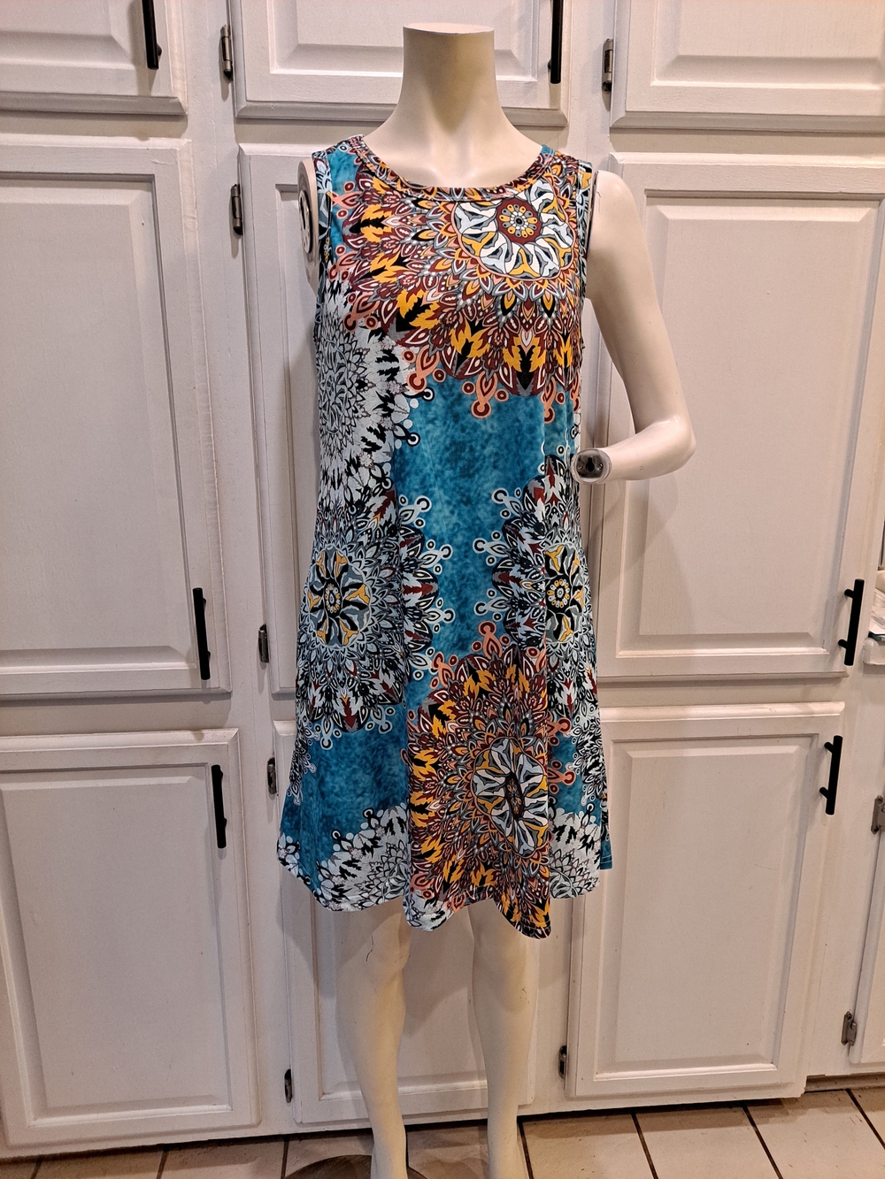 Camisa Boho Tank A-line Mini Dress W/Teal & Yellow Medallion Print Pockets NWT